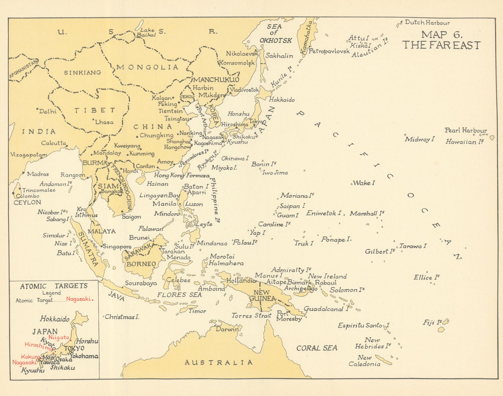 The Far East in 1945. Atomic bomb targets in Japan. World War Two 1956 old map